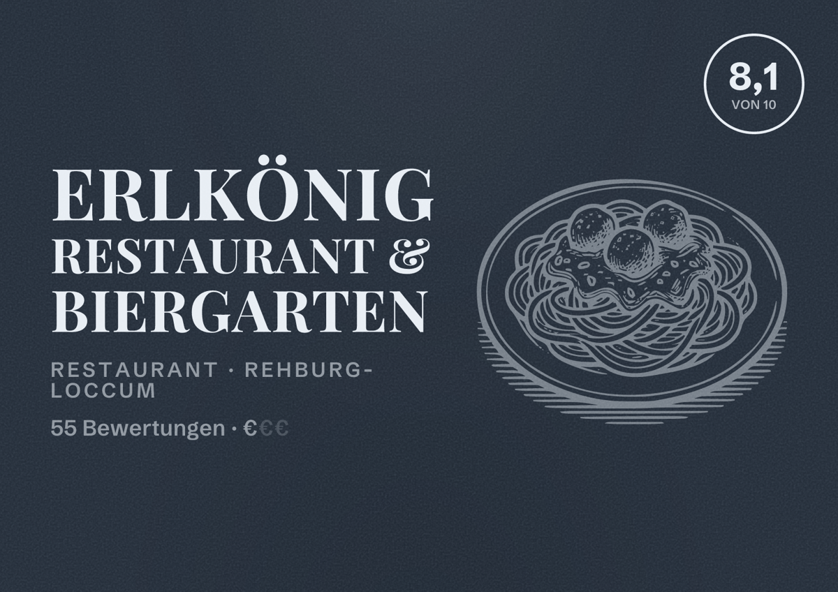 Illustriertes Poster von Erlkönig Restaurant & Biergarten, Restaurant in Rehburg-Loccum: Bewertung 8,1 von 10 aus 55 Bewertungen, Preisniveau €