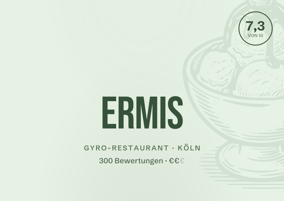 Illustriertes Poster von Ermis, Gyro-Restaurant in Köln: Bewertung 7,3 von 10 aus 300 Bewertungen, Preisniveau €€