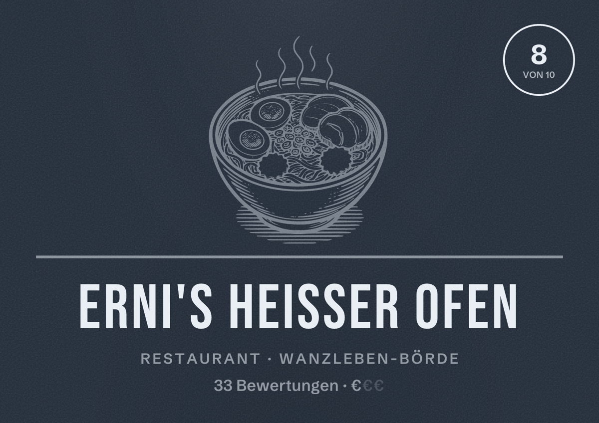 Illustriertes Poster von Erni's Heißer Ofen, Restaurant in Wanzleben-Börde: Bewertung 8 von 10 aus 33 Bewertungen, Preisniveau €
