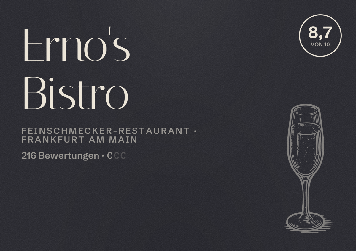 Illustriertes Poster von Erno's Bistro, Feinschmecker-Restaurant in Frankfurt am Main: Bewertung 8,7 von 10 aus 216 Bewertungen, Preisniveau €