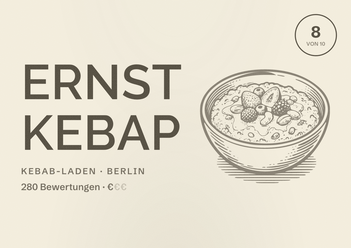Illustriertes Poster von Ernst Kebap, Kebab-Laden in Berlin: Bewertung 8 von 10 aus 280 Bewertungen, Preisniveau €