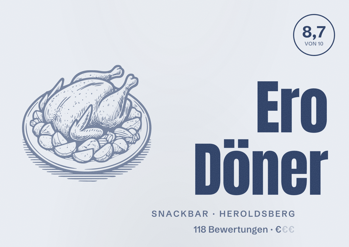 Illustriertes Poster von Ero Döner, Snackbar in Heroldsberg: Bewertung 8,7 von 10 aus 118 Bewertungen, Preisniveau €