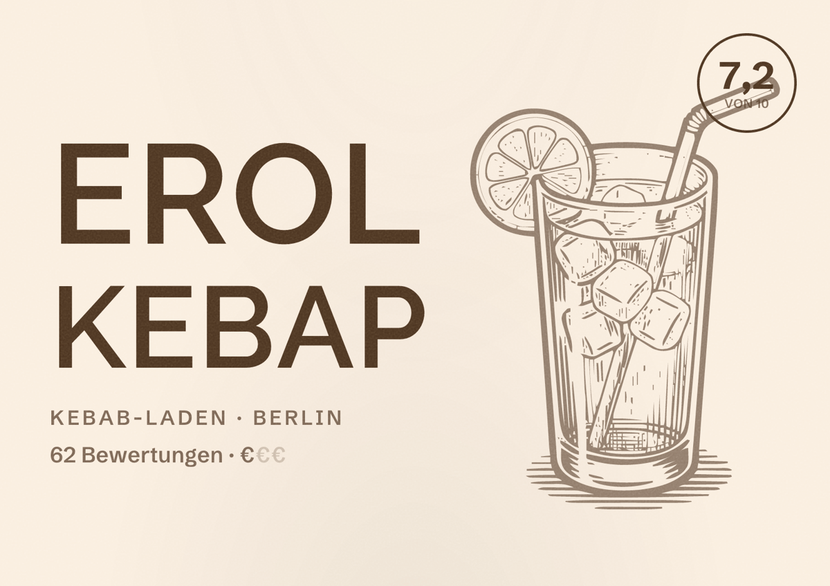 Illustriertes Poster von Erol Kebap, Kebab-Laden in Berlin: Bewertung 7,2 von 10 aus 62 Bewertungen, Preisniveau €