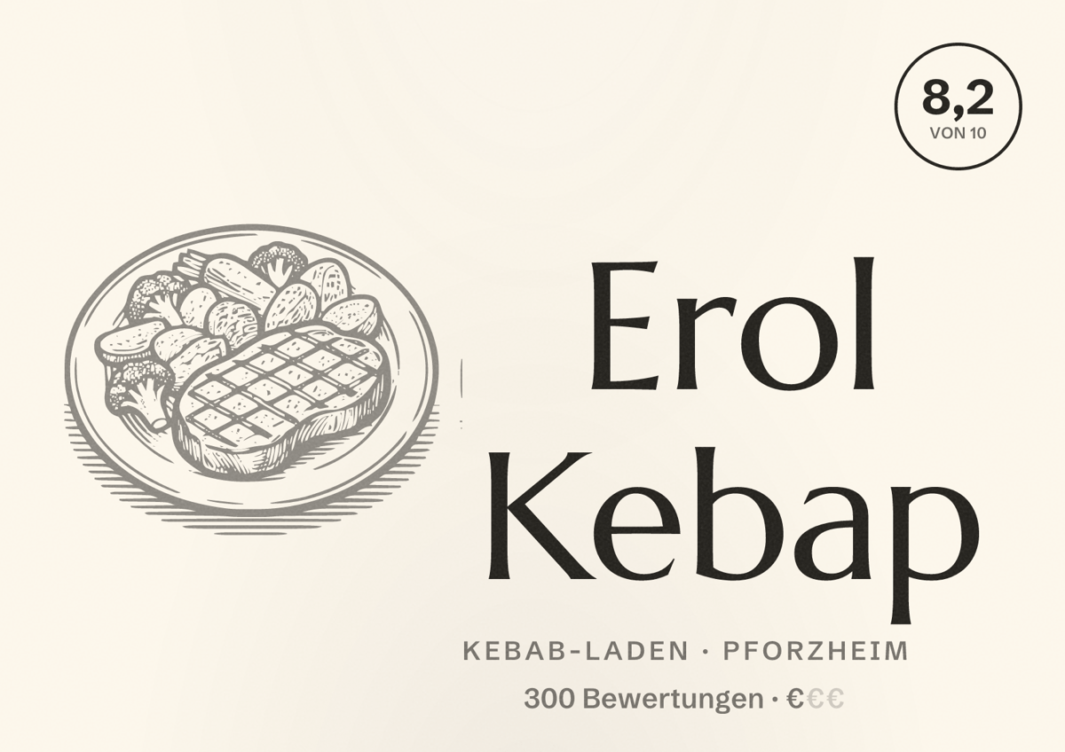 Illustriertes Poster von Erol Kebap, Kebab-Laden in Pforzheim: Bewertung 8,2 von 10 aus 300 Bewertungen, Preisniveau €