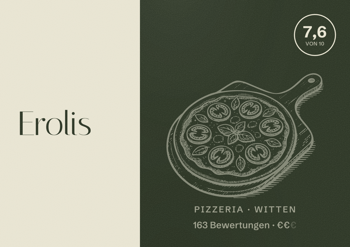 Illustriertes Poster von Erolis, Pizzeria in Witten: Bewertung 7,6 von 10 aus 163 Bewertungen, Preisniveau €€