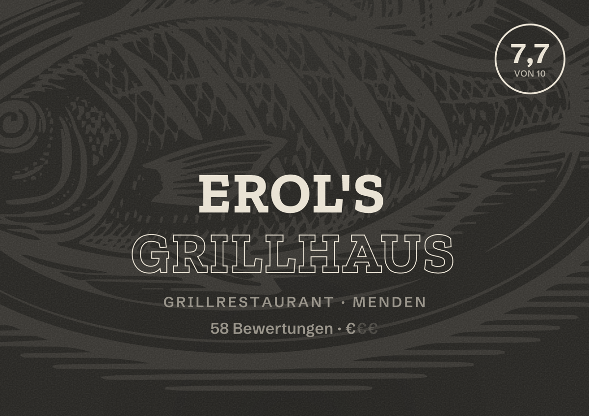 Illustriertes Poster von Erol's Grillhaus, Grillrestaurant in Menden: Bewertung 7,7 von 10 aus 58 Bewertungen, Preisniveau €