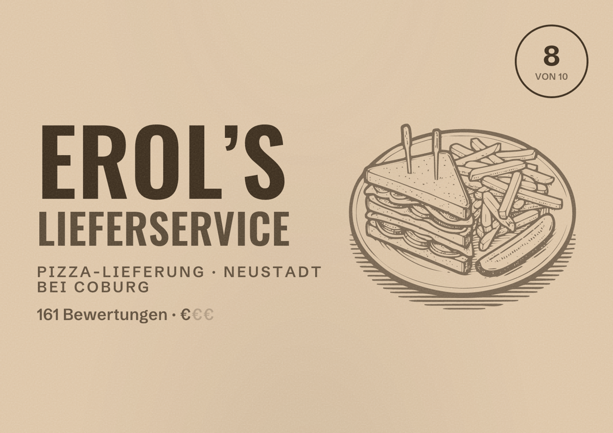 Illustriertes Poster von erol’s Lieferservice, Pizza-Lieferung in Neustadt bei Coburg: Bewertung 8 von 10 aus 161 Bewertungen, Preisniveau €