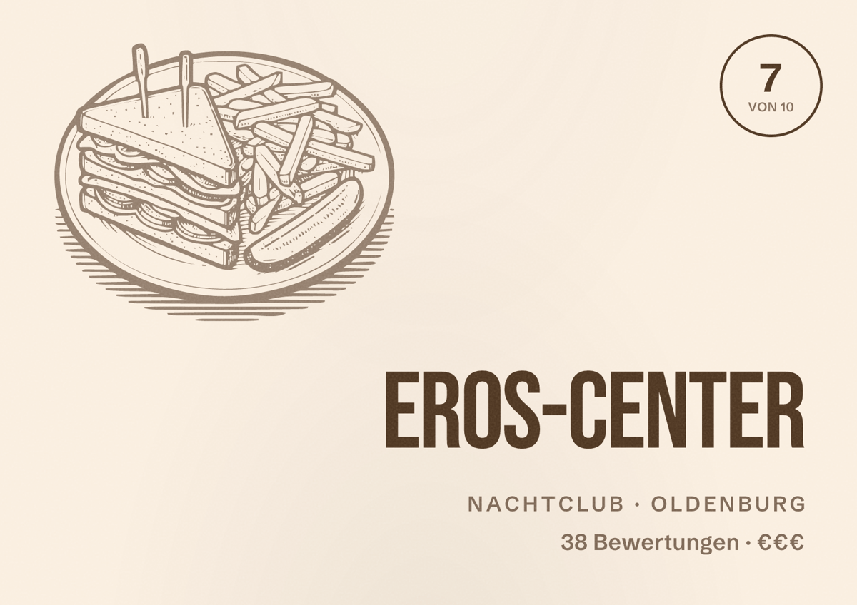 Illustriertes Poster von Eros-Center, Nachtclub in Oldenburg: Bewertung 7 von 10 aus 38 Bewertungen, Preisniveau €€€