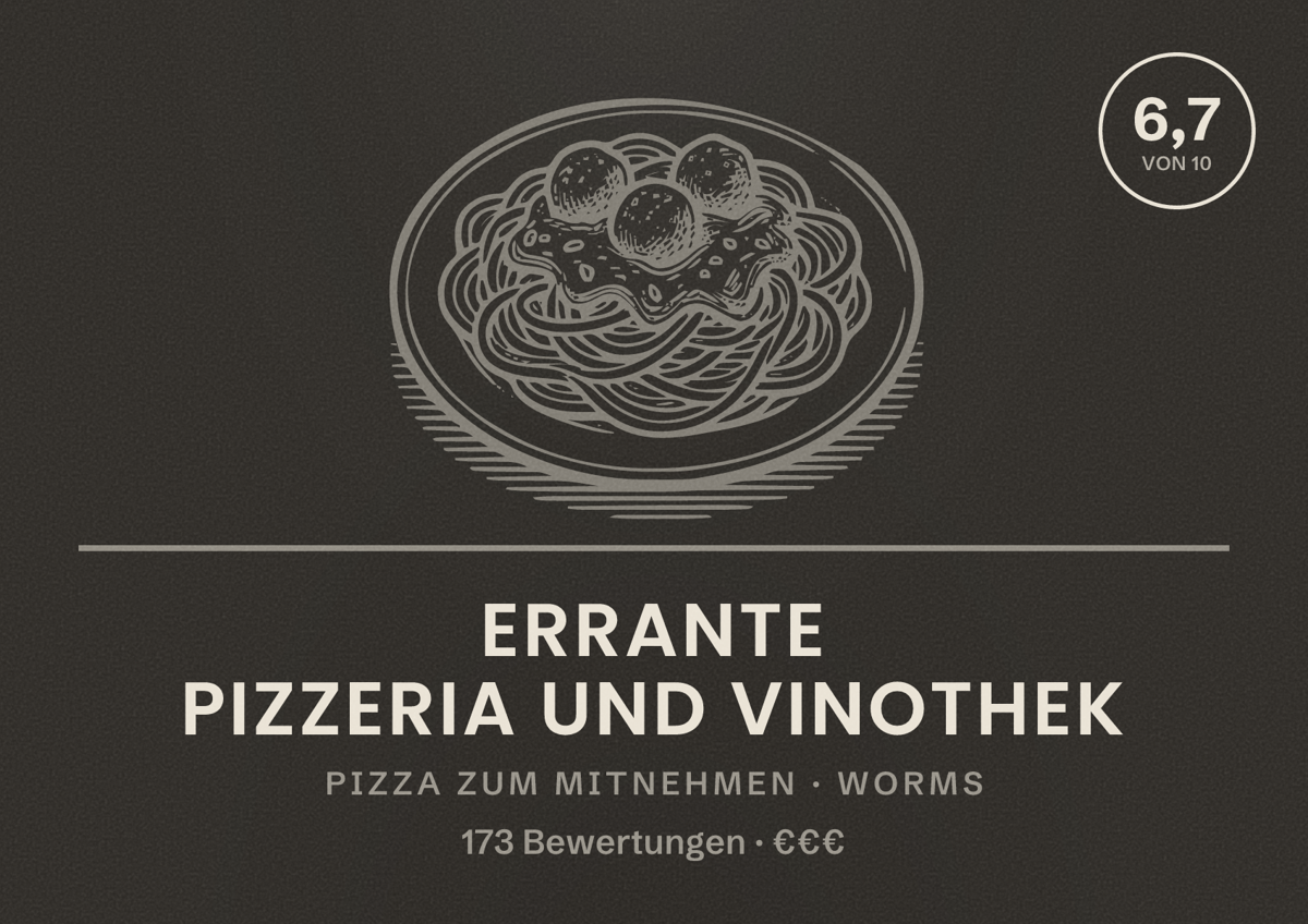 Illustriertes Poster von Errante Pizzeria und Vinothek, Pizza zum Mitnehmen in Worms: Bewertung 6,7 von 10 aus 173 Bewertungen, Preisniveau €€€
