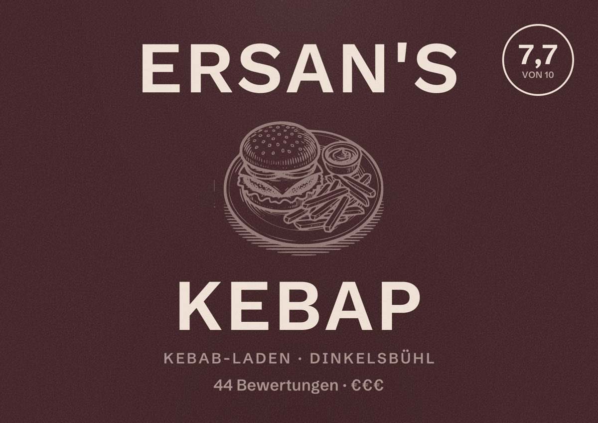 Illustriertes Poster von Ersan's Kebap, Kebab-Laden in Dinkelsbühl: Bewertung 7,7 von 10 aus 44 Bewertungen, Preisniveau €€€