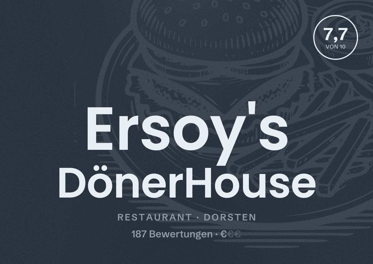 Illustriertes Poster von Ersoy's DönerHouse, Restaurant in Dorsten: Bewertung 7,7 von 10 aus 187 Bewertungen, Preisniveau €