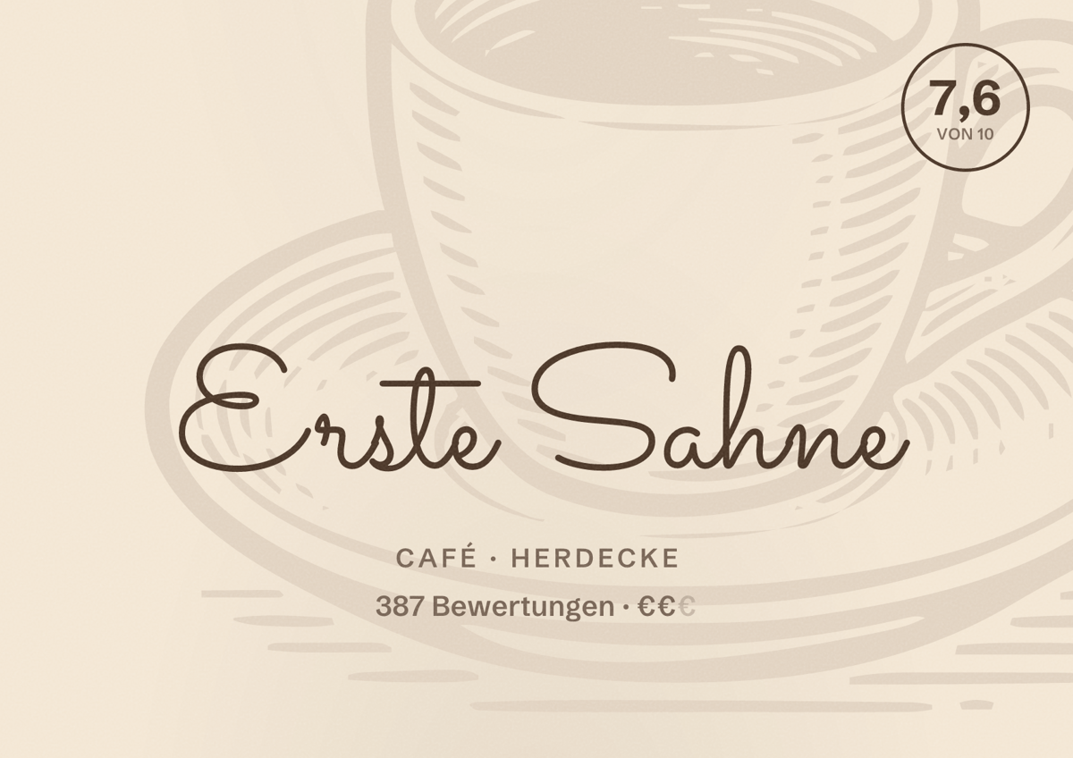 Illustriertes Poster von Erste Sahne, Café in Herdecke: Bewertung 7,6 von 10 aus 387 Bewertungen, Preisniveau €€