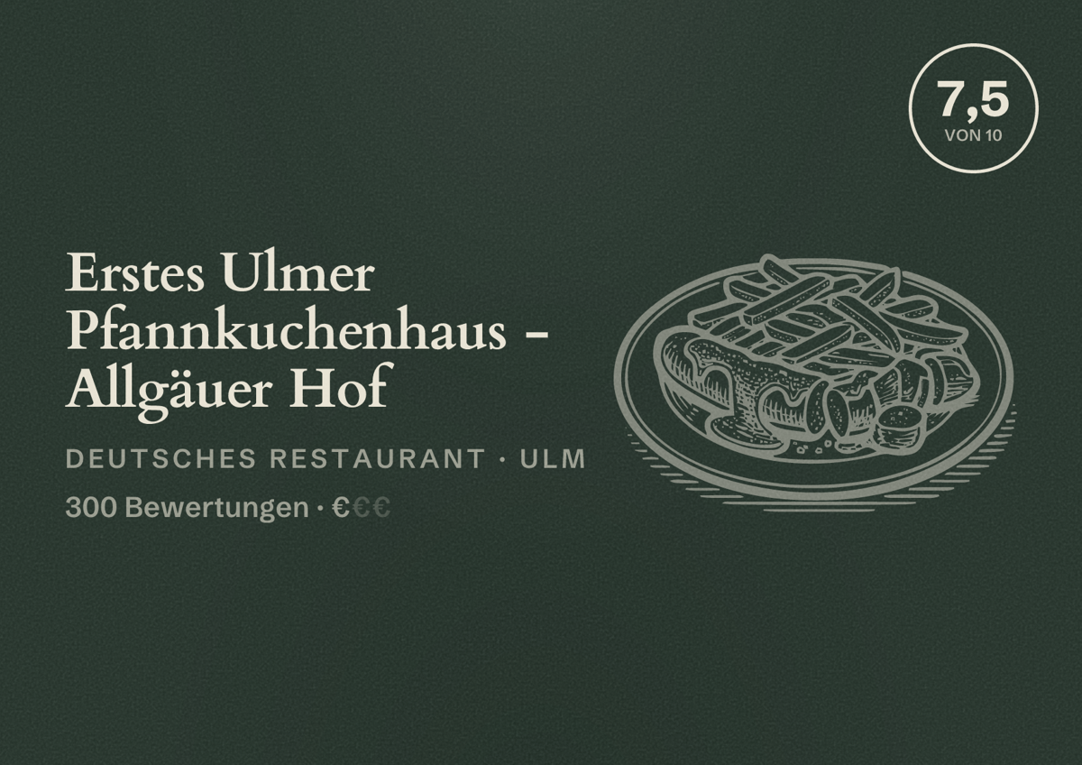 Illustriertes Poster von Erstes Ulmer Pfannkuchenhaus - Allgäuer Hof, Deutsches Restaurant in Ulm: Bewertung 7,5 von 10 aus 300 Bewertungen, Preisniveau €