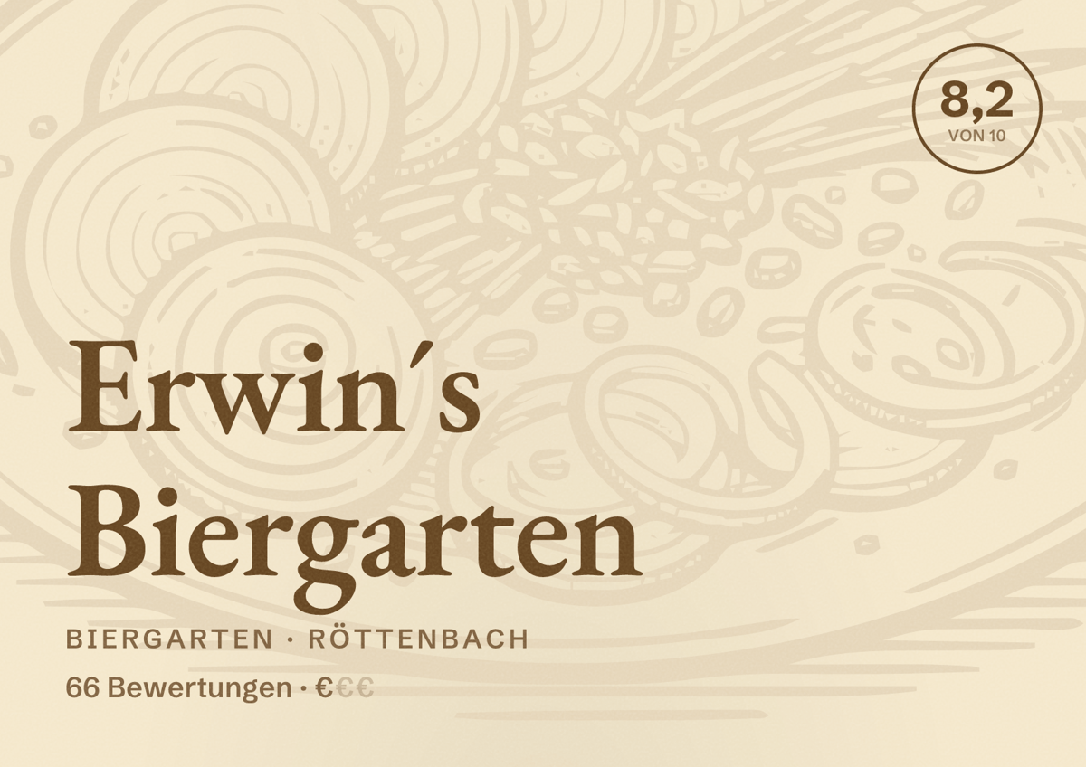 Illustriertes Poster von Erwin´s Biergarten, Biergarten in Röttenbach: Bewertung 8,2 von 10 aus 66 Bewertungen, Preisniveau €