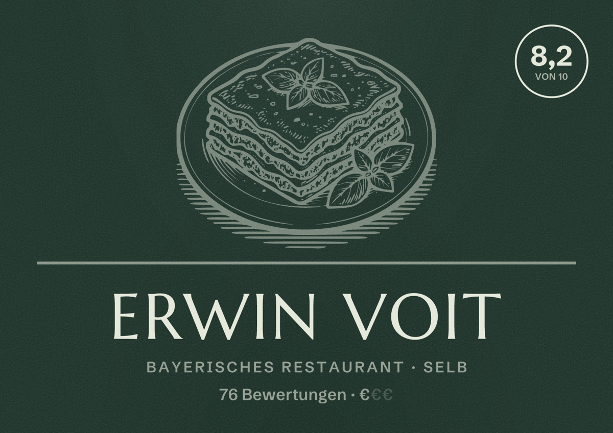 Illustriertes Poster von Erwin Voit, Bayerisches Restaurant in Selb: Bewertung 8,2 von 10 aus 76 Bewertungen, Preisniveau €