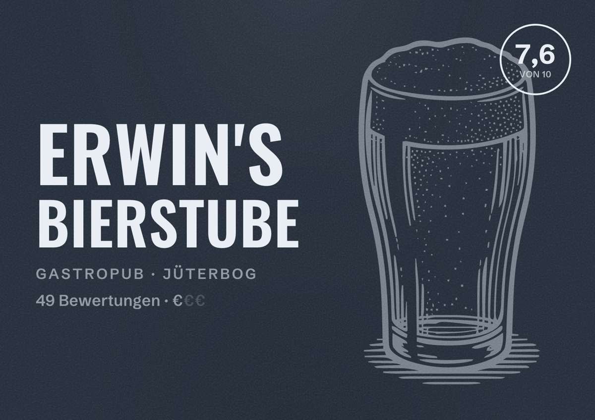 Illustriertes Poster von Erwin's Bierstube, Gastropub in Jüterbog: Bewertung 7,6 von 10 aus 49 Bewertungen, Preisniveau €