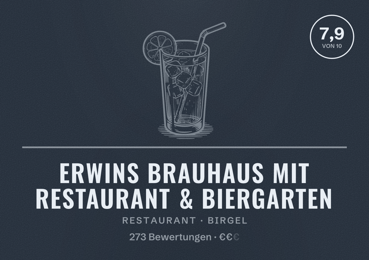 Illustriertes Poster von Erwins Brauhaus mit Restaurant & Biergarten, Restaurant in Birgel: Bewertung 7,9 von 10 aus 273 Bewertungen, Preisniveau €€