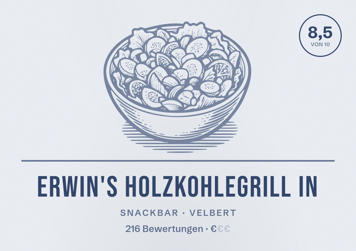 Illustriertes Poster von Erwin's Holzkohlegrill in, Snackbar in Velbert: Bewertung 8,5 von 10 aus 216 Bewertungen, Preisniveau €