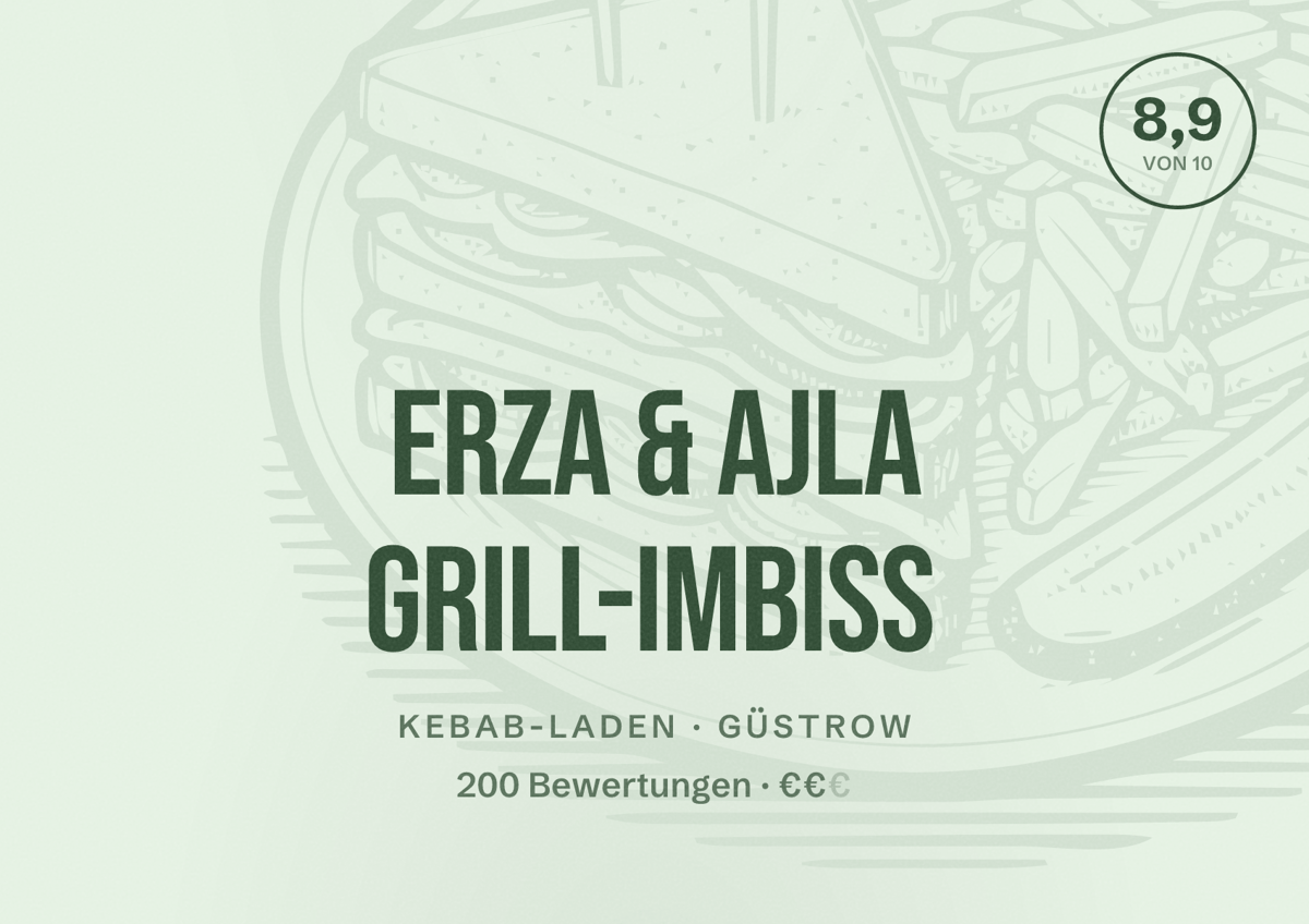 Illustriertes Poster von Erza & Ajla Grill-Imbiss, Kebab-Laden in Güstrow: Bewertung 8,9 von 10 aus 200 Bewertungen, Preisniveau €€