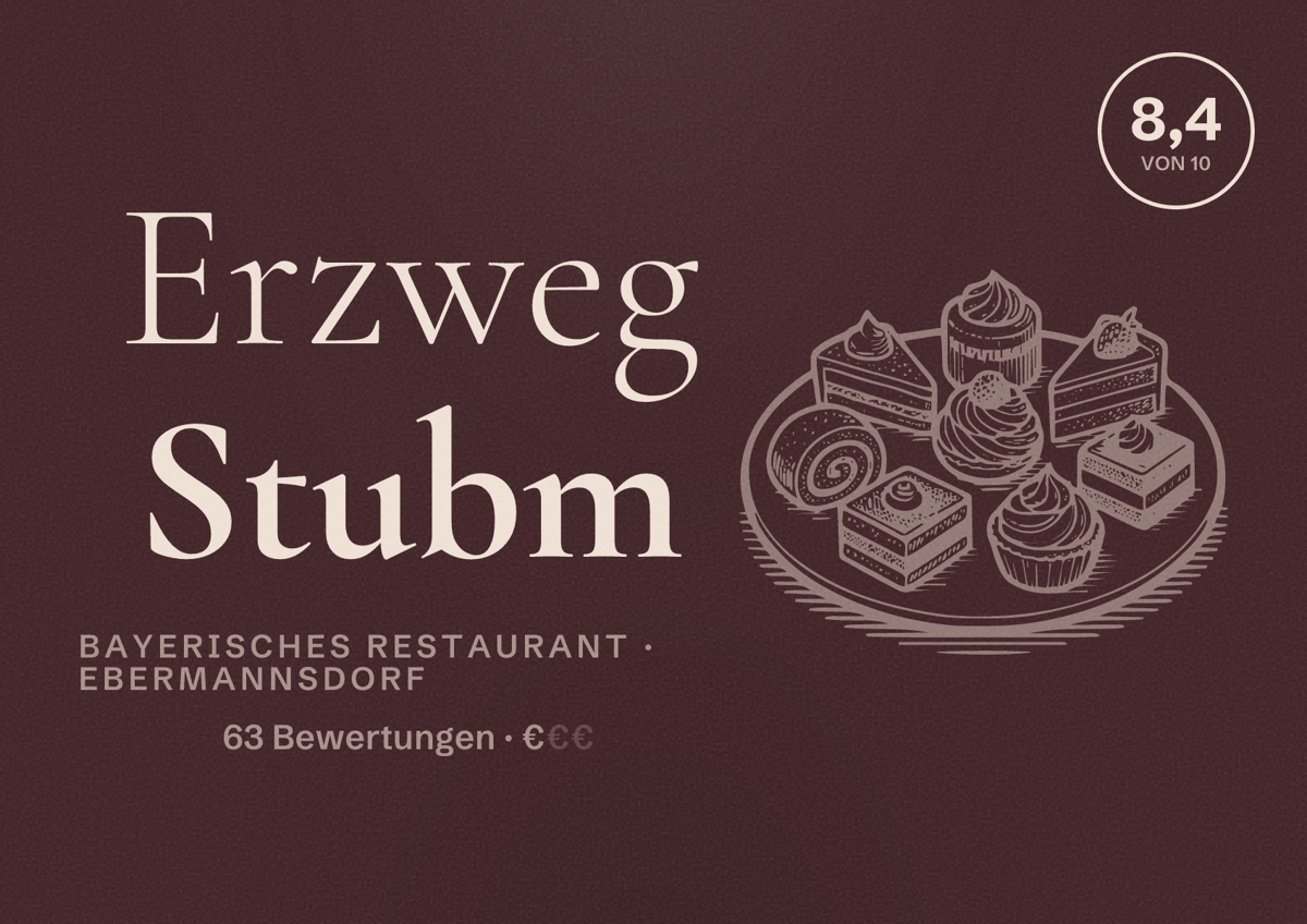 Illustriertes Poster von Erzweg Stubm, Bayerisches Restaurant in Ebermannsdorf: Bewertung 8,4 von 10 aus 63 Bewertungen, Preisniveau €
