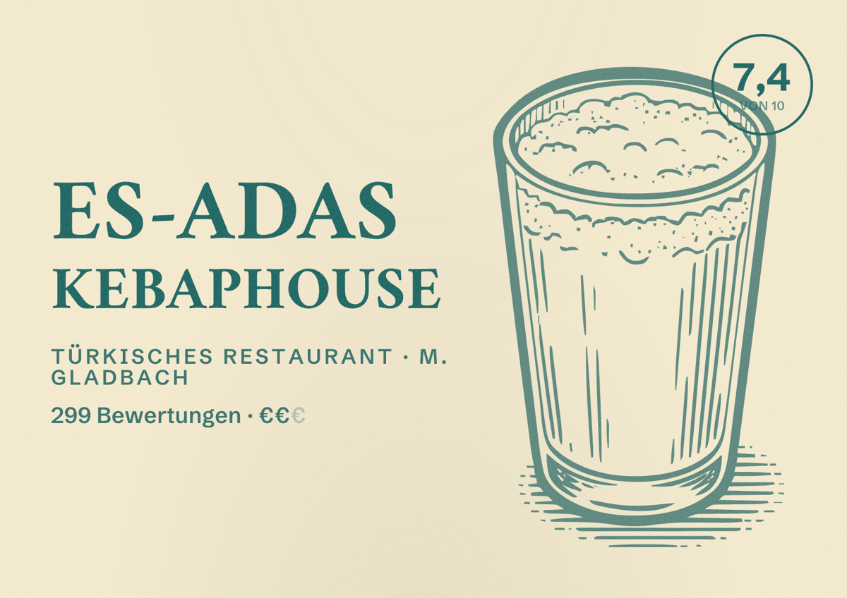 Illustriertes Poster von Es-Adas Kebaphouse, Türkisches Restaurant in M. Gladbach: Bewertung 7,4 von 10 aus 299 Bewertungen, Preisniveau €€
