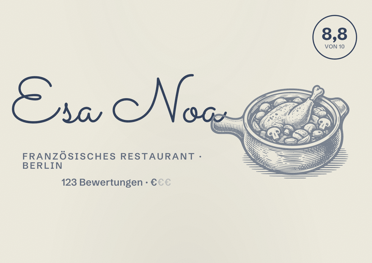 Illustriertes Poster von Esa Noa, Französisches Restaurant in Berlin: Bewertung 8,8 von 10 aus 123 Bewertungen, Preisniveau €