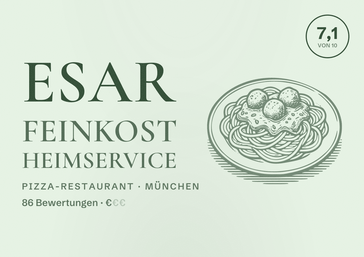 Illustriertes Poster von Esar Feinkost Heimservice, Pizza-Restaurant in München: Bewertung 7,1 von 10 aus 86 Bewertungen, Preisniveau €