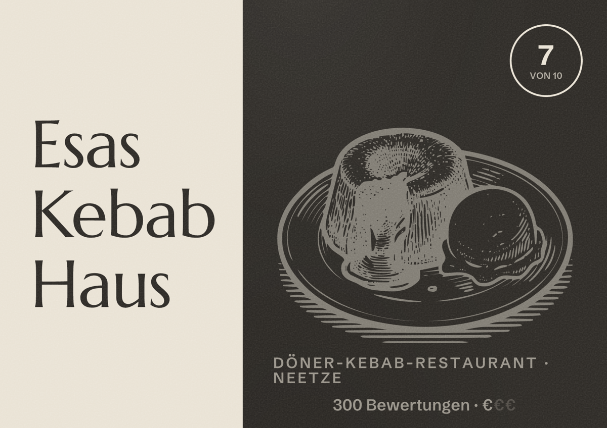 Illustriertes Poster von Esas Kebab Haus, Döner-Kebab-Restaurant in Neetze: Bewertung 7 von 10 aus 300 Bewertungen, Preisniveau €