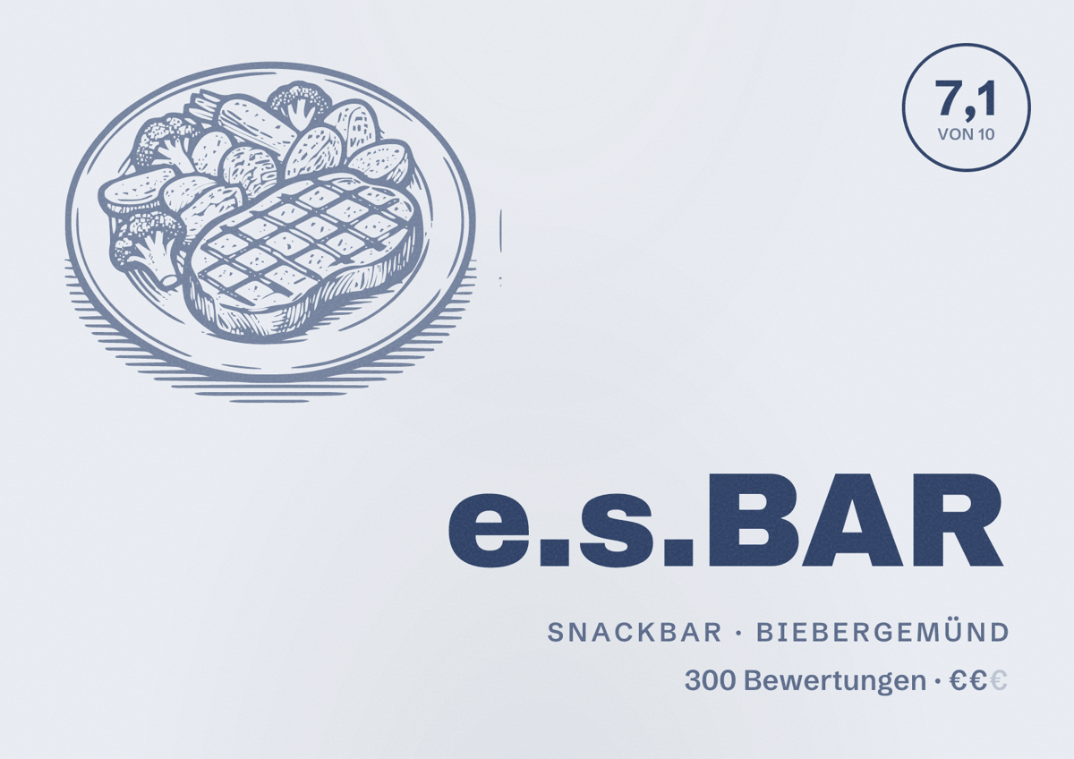 Illustriertes Poster von e.s.BAR, Snackbar in Biebergemünd: Bewertung 7,1 von 10 aus 300 Bewertungen, Preisniveau €€
