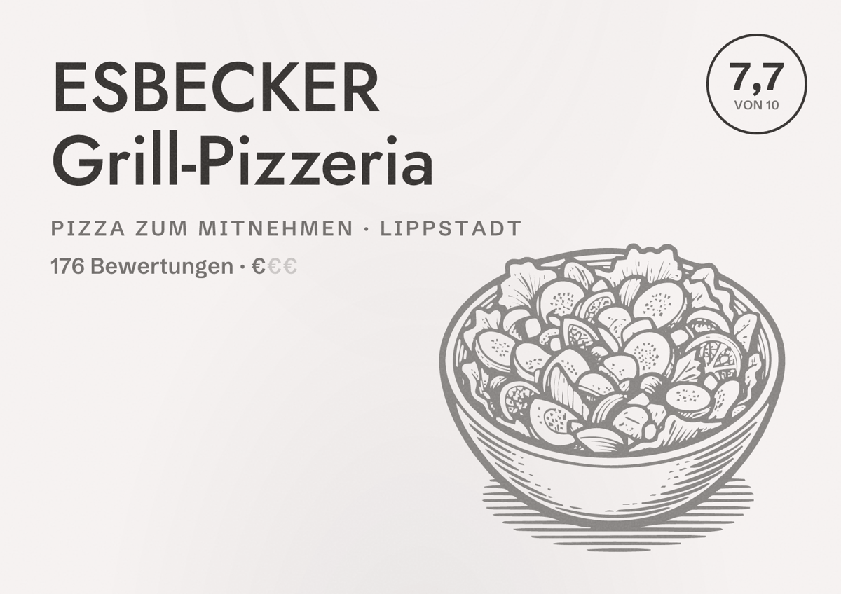 Illustriertes Poster von ESBECKER Grill-Pizzeria, Pizza zum Mitnehmen in Lippstadt: Bewertung 7,7 von 10 aus 176 Bewertungen, Preisniveau €