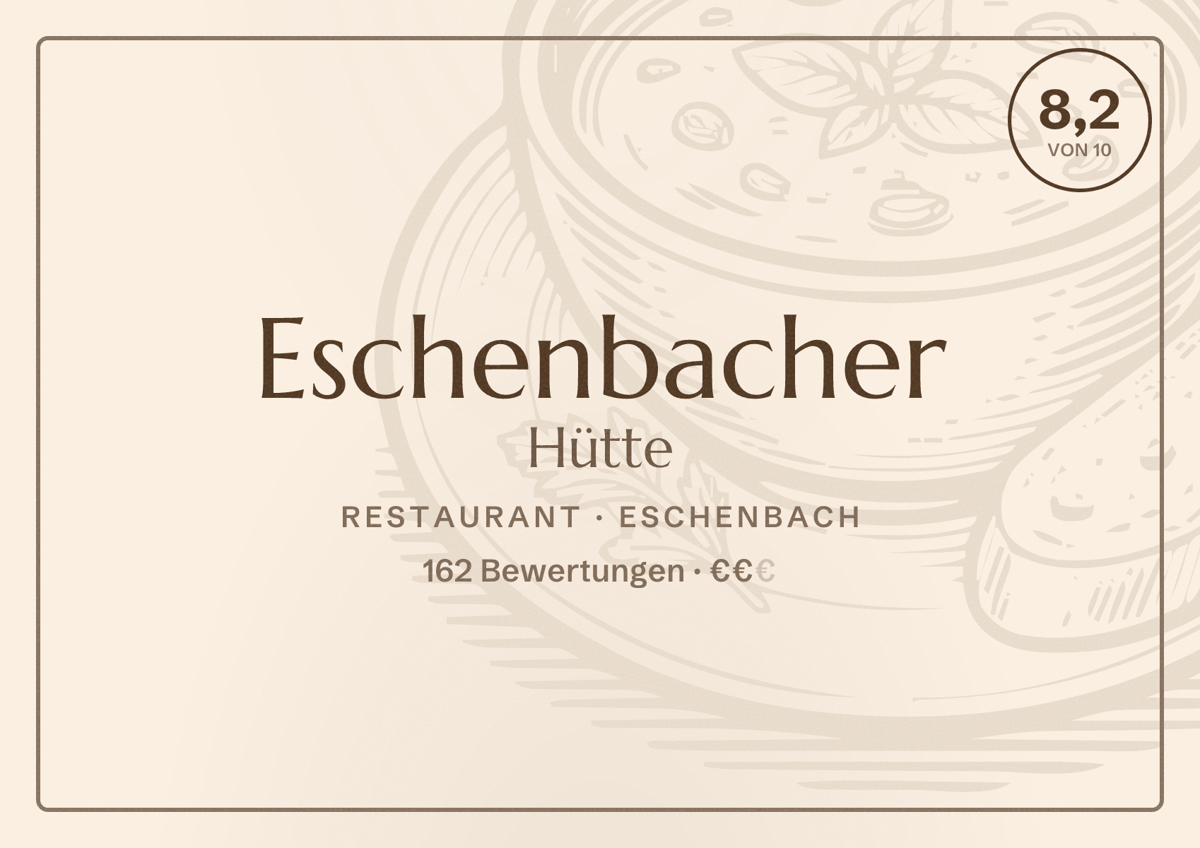 Illustriertes Poster von Eschenbacher Hütte, Restaurant in Eschenbach: Bewertung 8,2 von 10 aus 162 Bewertungen, Preisniveau €€
