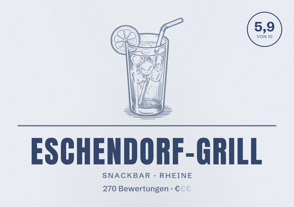 Illustriertes Poster von Eschendorf-Grill, Snackbar in Rheine: Bewertung 5,9 von 10 aus 270 Bewertungen, Preisniveau €