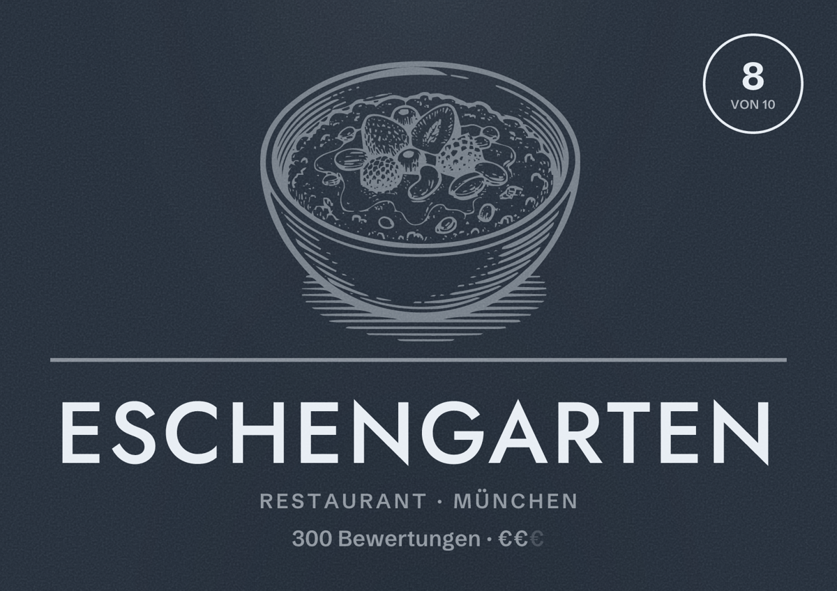 Illustriertes Poster von Eschengarten, Restaurant in München: Bewertung 8,0 von 10 aus 300 Bewertungen, Preisniveau €€