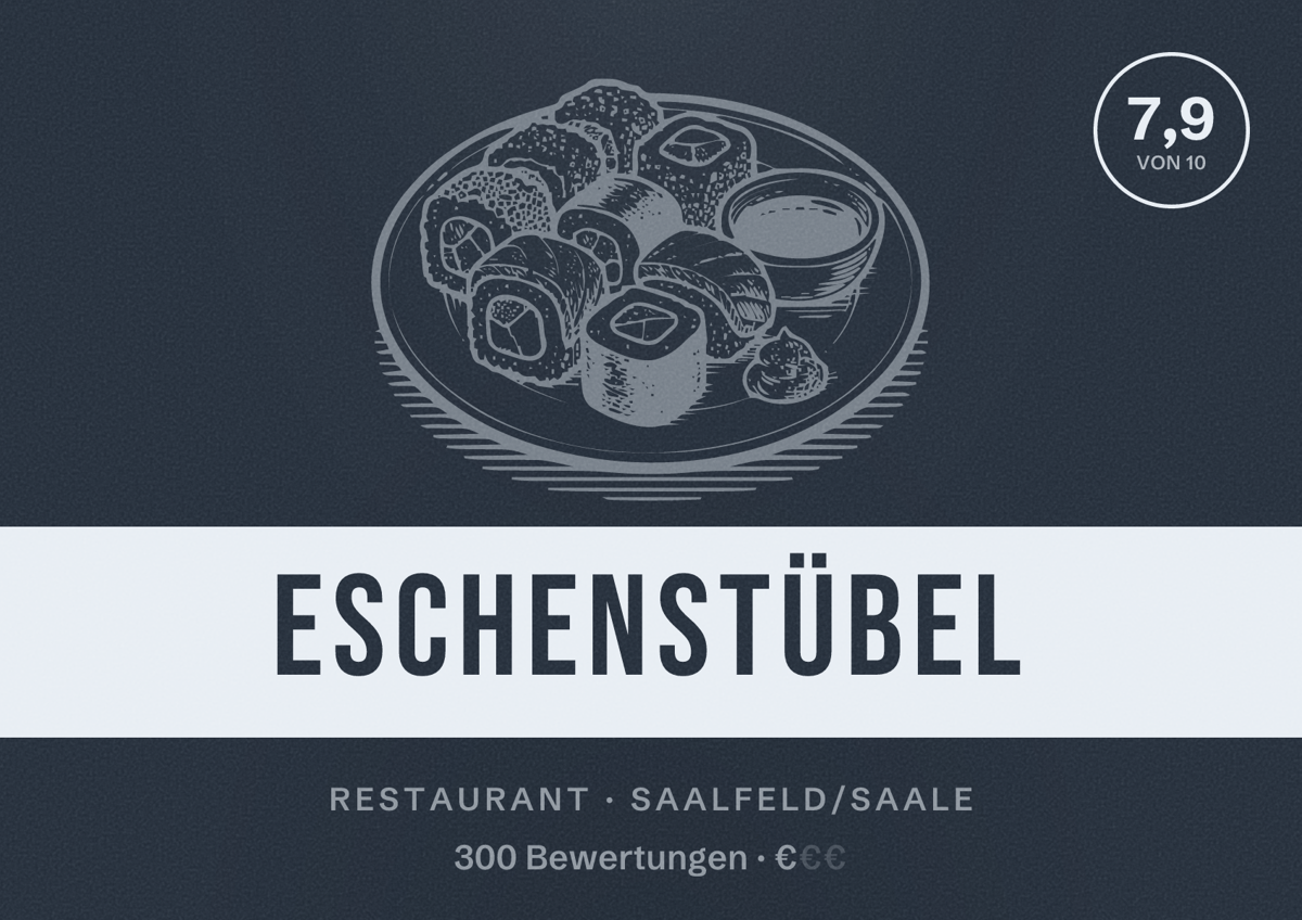 Illustriertes Poster von Eschenstübel, Restaurant in Saalfeld/Saale: Bewertung 7,9 von 10 aus 300 Bewertungen, Preisniveau €