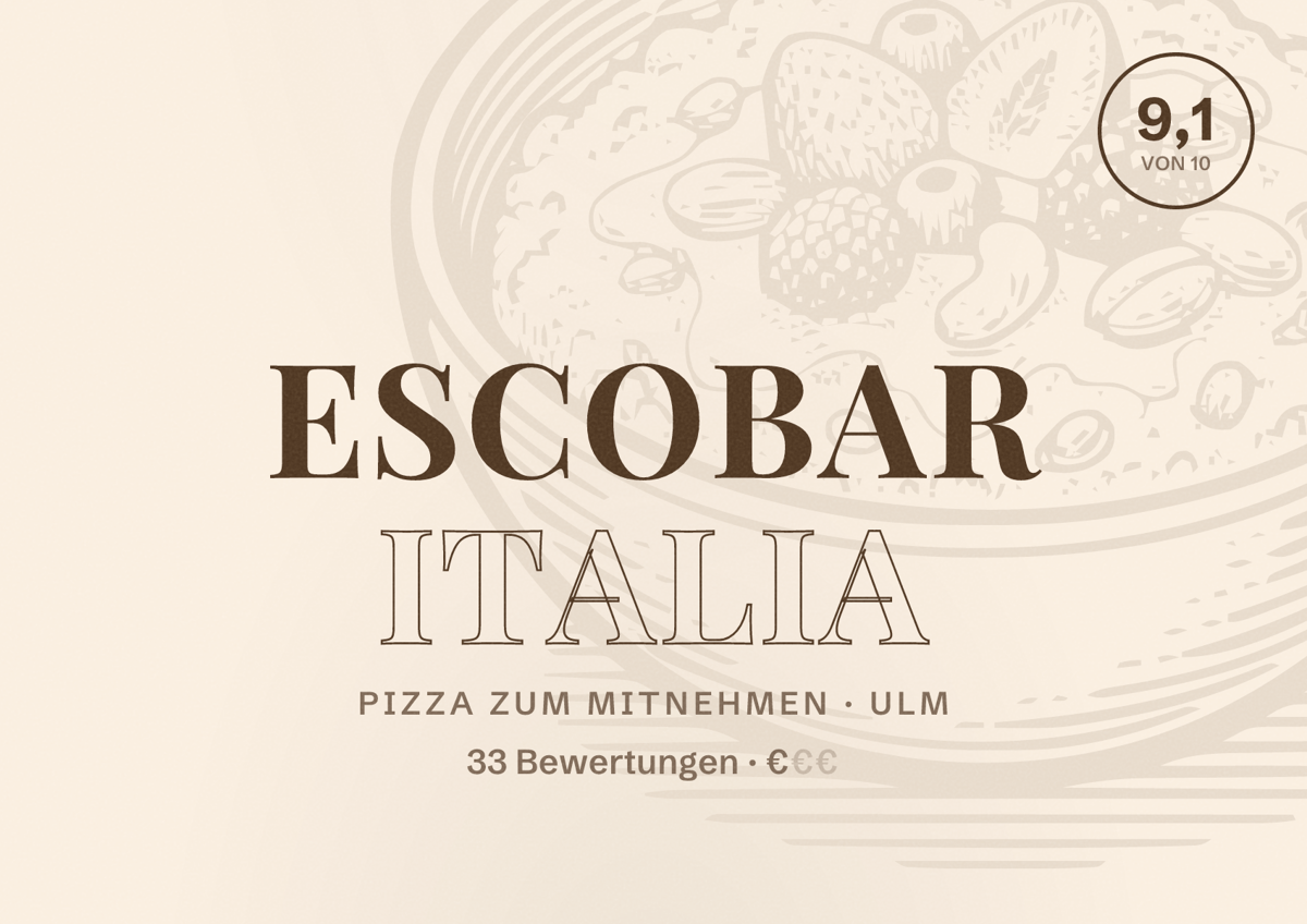 Illustriertes Poster von Escobar Italia, Pizza zum Mitnehmen in Ulm: Bewertung 9,1 von 10 aus 33 Bewertungen, Preisniveau €