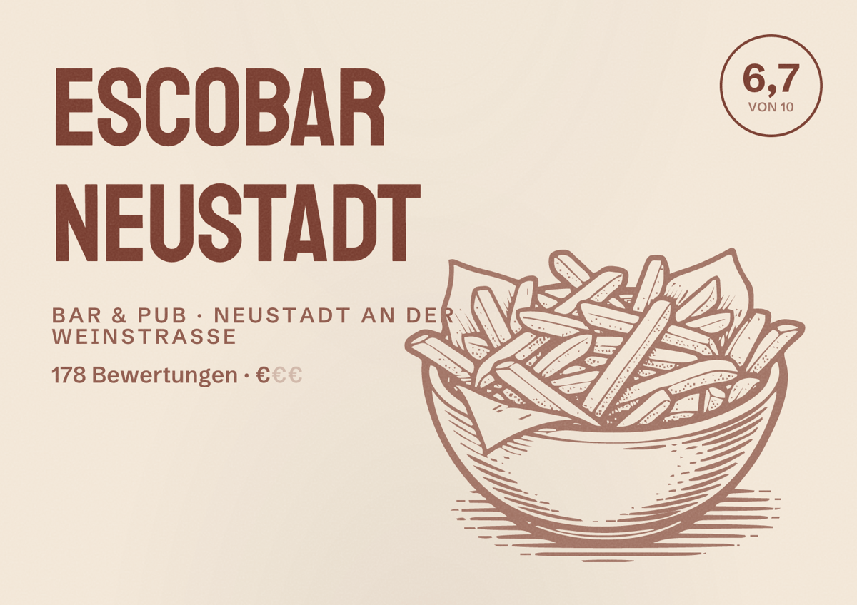 Illustriertes Poster von EscoBar Neustadt, Bar & Pub in Neustadt an der Weinstraße: Bewertung 6,7 von 10 aus 178 Bewertungen, Preisniveau €