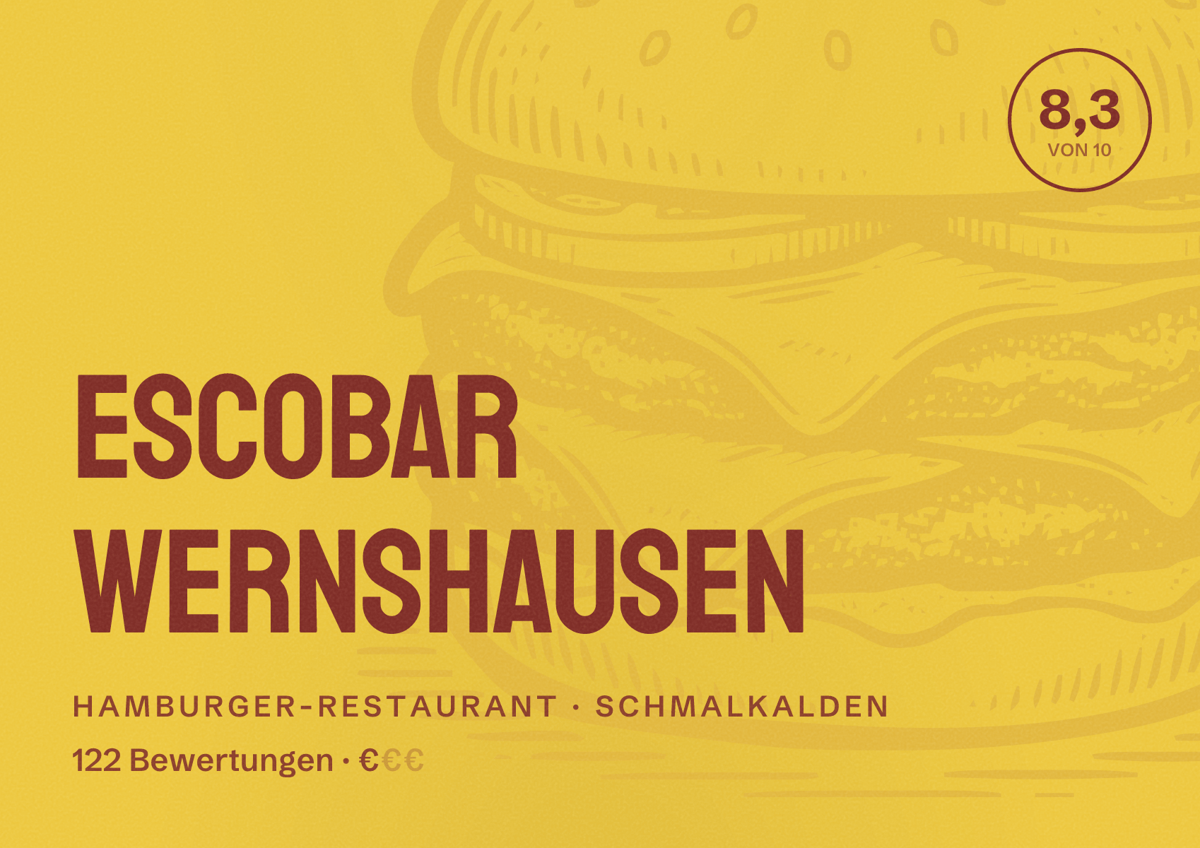 Illustriertes Poster von EscoBar Wernshausen, Hamburger-Restaurant in Schmalkalden: Bewertung 8,3 von 10 aus 122 Bewertungen, Preisniveau €