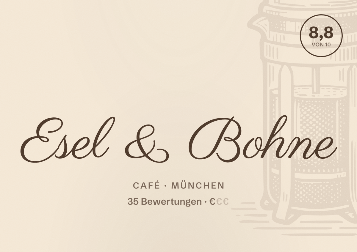 Illustriertes Poster von Esel & Bohne, Café in München: Bewertung 8,8 von 10 aus 35 Bewertungen, Preisniveau €