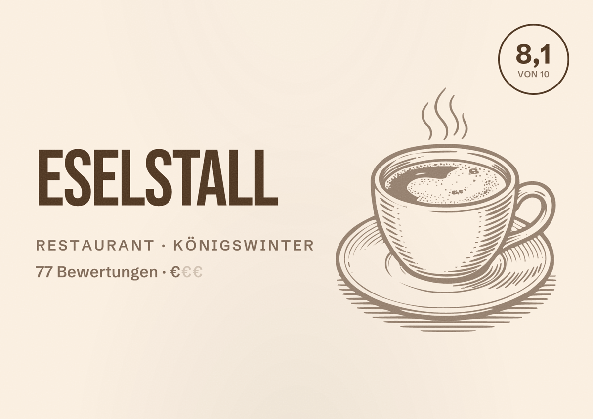 Illustriertes Poster von Eselstall, Restaurant in Königswinter: Bewertung 8,1 von 10 aus 77 Bewertungen, Preisniveau €