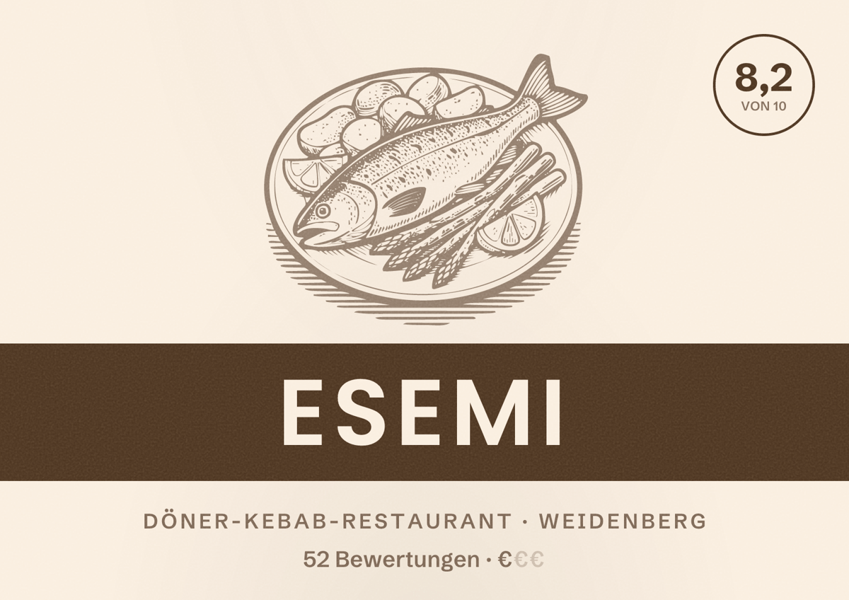 Illustriertes Poster von ESEMI, Döner-Kebab-Restaurant in Weidenberg: Bewertung 8,2 von 10 aus 52 Bewertungen, Preisniveau €