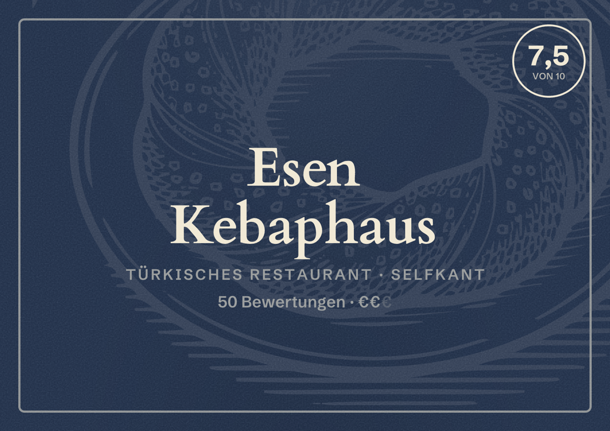 Illustriertes Poster von Esen Kebaphaus, Türkisches Restaurant in Selfkant: Bewertung 7,5 von 10 aus 50 Bewertungen, Preisniveau €€