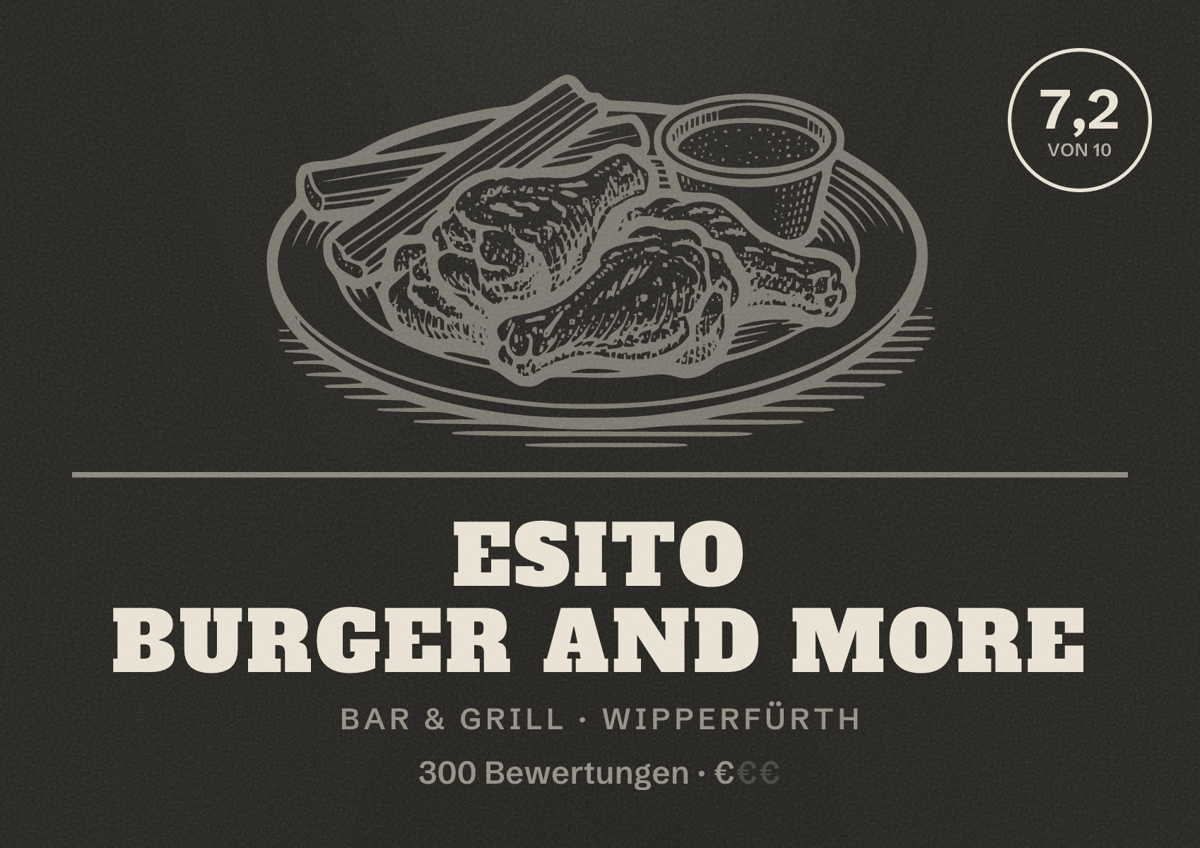 Illustriertes Poster von Esito Burger and More, Bar & Grill in Wipperfürth: Bewertung 7,2 von 10 aus 300 Bewertungen, Preisniveau €