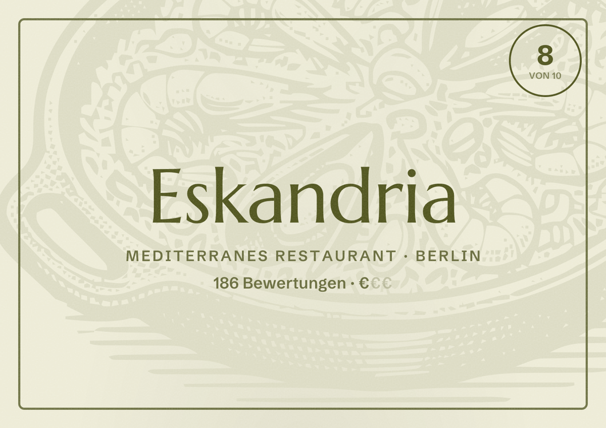 Illustriertes Poster von Eskandria, Mediterranes Restaurant in Berlin: Bewertung 8,0 von 10 aus 186 Bewertungen, Preisniveau €