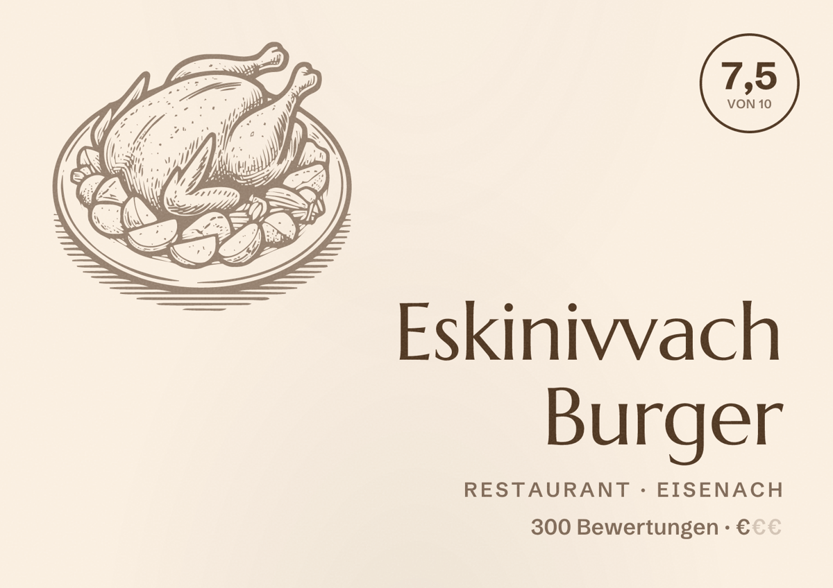 Illustriertes Poster von Eskinivvach Burger, Restaurant in Eisenach: Bewertung 7,5 von 10 aus 300 Bewertungen, Preisniveau €