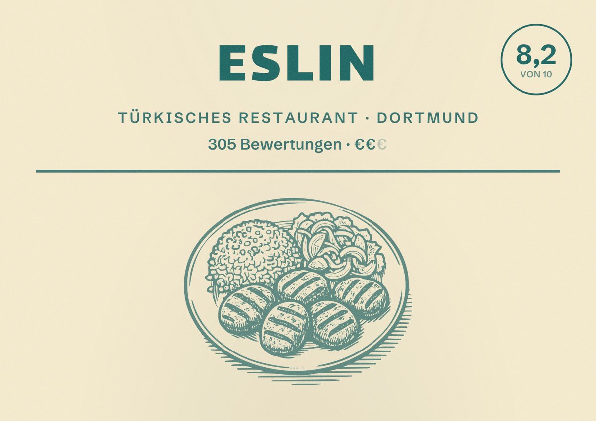 Illustriertes Poster von Eslin, Türkisches Restaurant in Dortmund: Bewertung 8,2 von 10 aus 305 Bewertungen, Preisniveau €€
