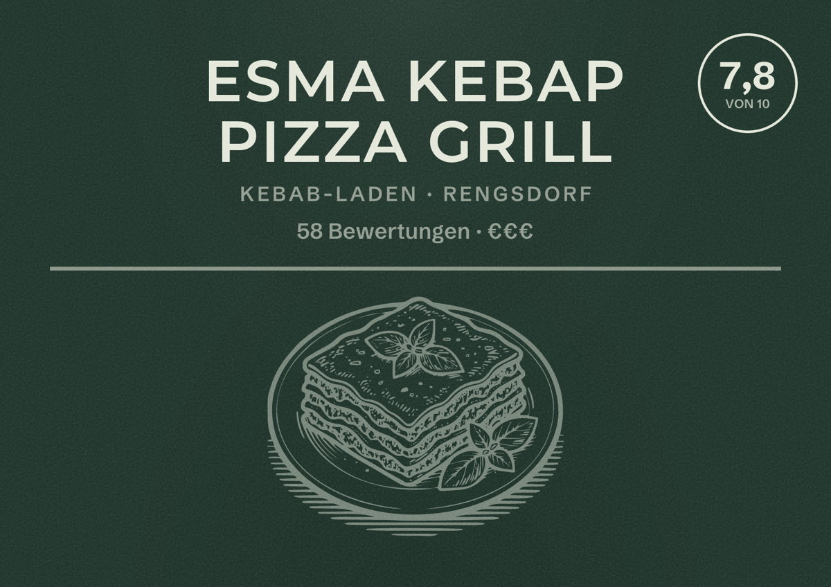 Illustriertes Poster von Esma Kebap Pizza Grill, Kebab-Laden in Rengsdorf: Bewertung 7,8 von 10 aus 58 Bewertungen, Preisniveau €€€