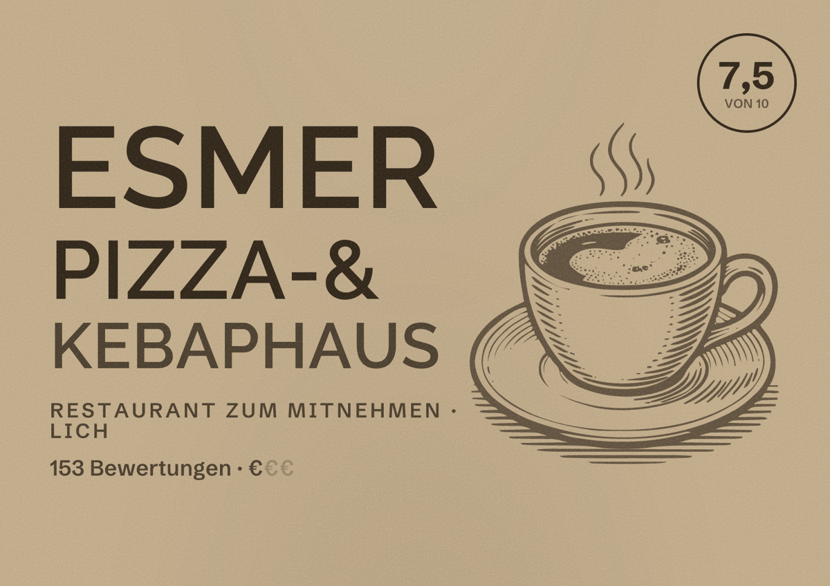 Illustriertes Poster von Esmer Pizza-& Kebaphaus, Restaurant zum Mitnehmen in Lich: Bewertung 7,5 von 10 aus 153 Bewertungen, Preisniveau €