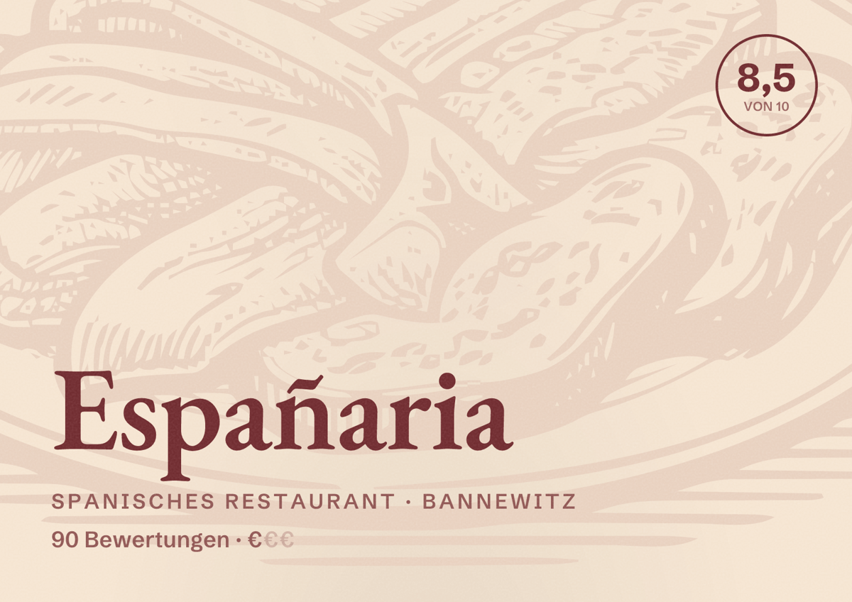 Illustriertes Poster von Españaria, Spanisches Restaurant in Bannewitz: Bewertung 8,5 von 10 aus 90 Bewertungen, Preisniveau €