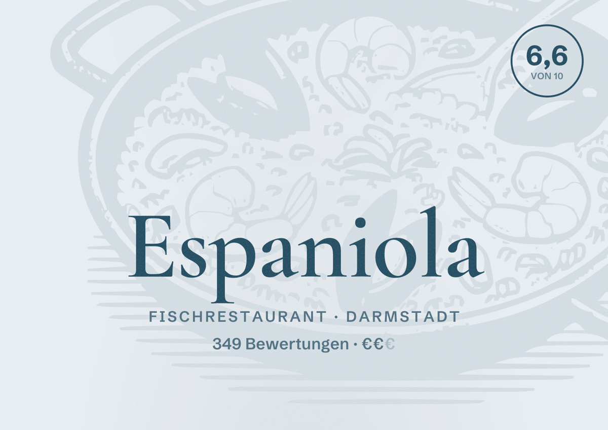 Illustriertes Poster von Espaniola, Fischrestaurant in Darmstadt: Bewertung 6,6 von 10 aus 349 Bewertungen, Preisniveau €€