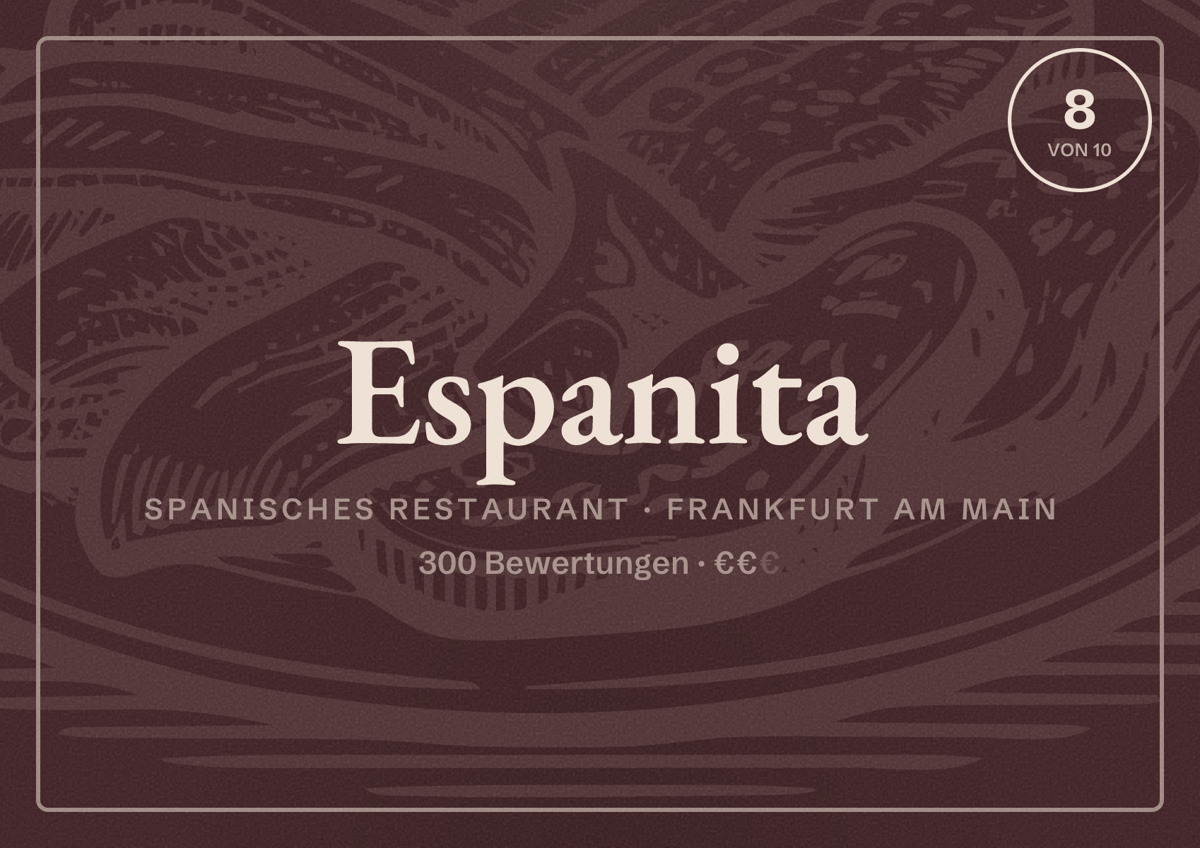 Illustriertes Poster von Espanita, Spanisches Restaurant in Frankfurt am Main: Bewertung 8,0 von 10 aus 300 Bewertungen, Preisniveau €€